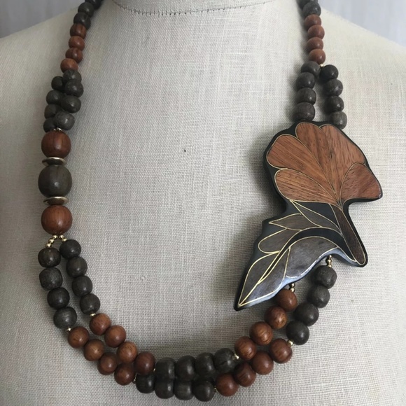 Boho Wood Gold Inlay Statement Pendant Necklace Artisan Flower Leaves Beads 26" - Picture 1 of 5